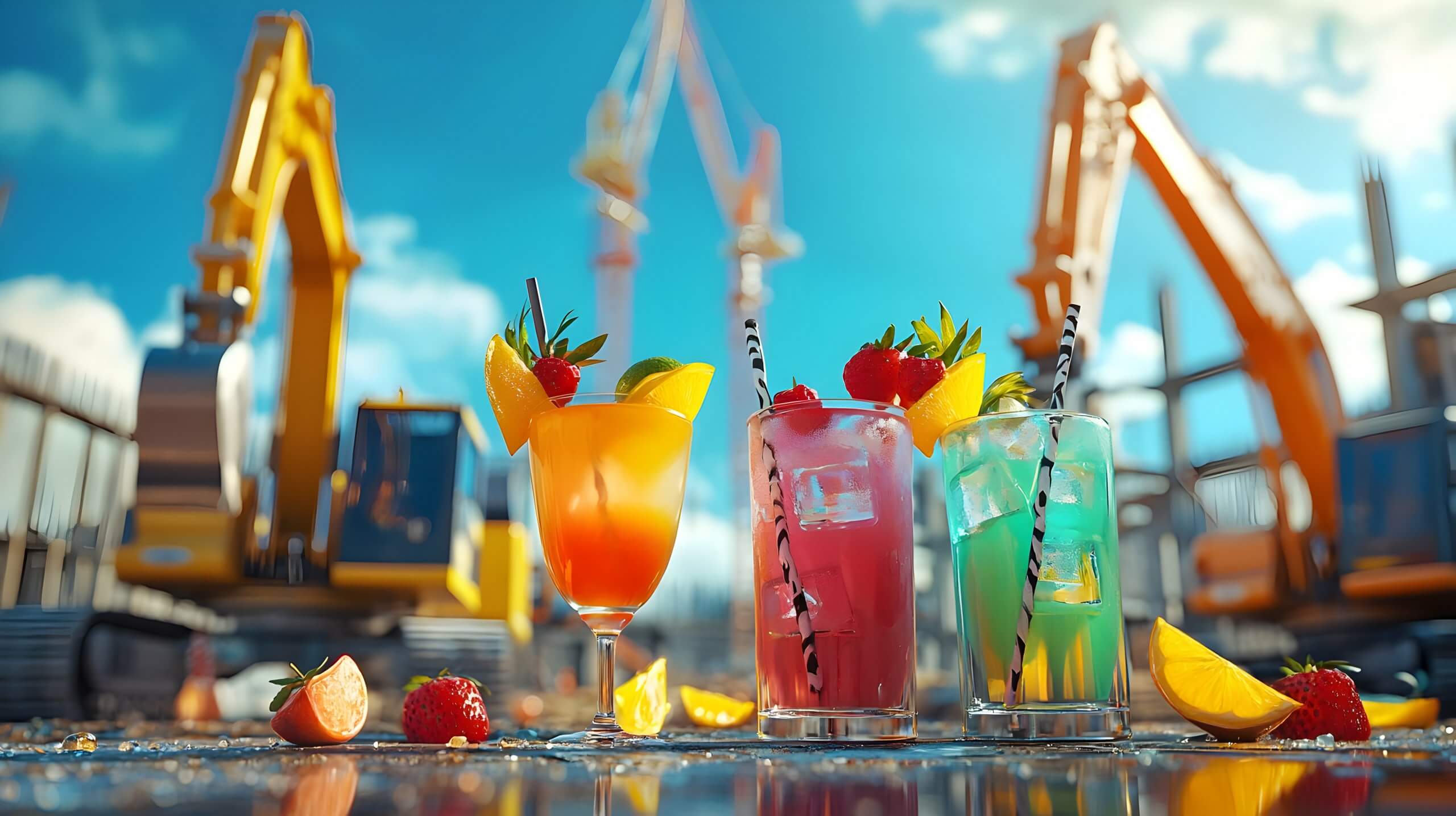 ktails with fruit garnishes on a construction site, set against cranes, excavators, and a sunny blue sky with clouds, blending refreshment and industry.